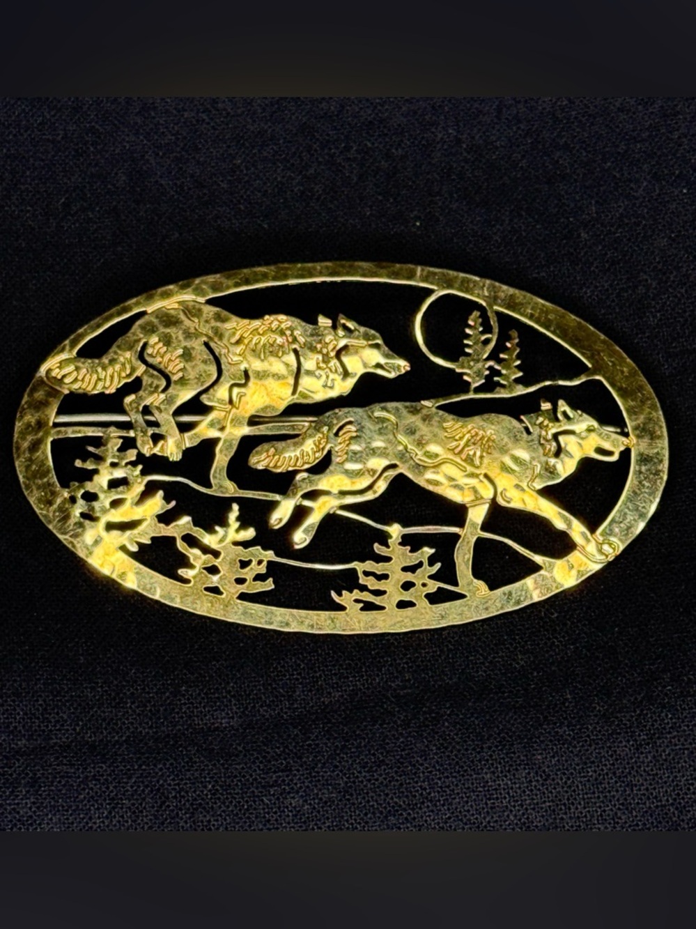 Wild Bryde Running Wolves Vintage Brooch-Hammered Gold Tone Finish